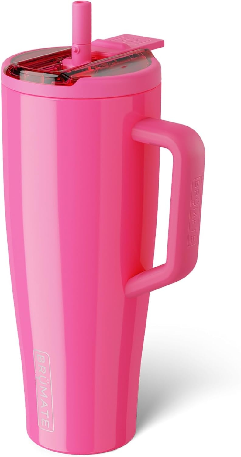 image:imageBrMate Era Flip 40oz Tumbler with 100 Leakproof Covered Straw Lid Hygienic Covered Straw Insulated Stainless Steel Water Bottle with Handle Cup Holder Friendly BPAFree Lilac DuskNeon Pink