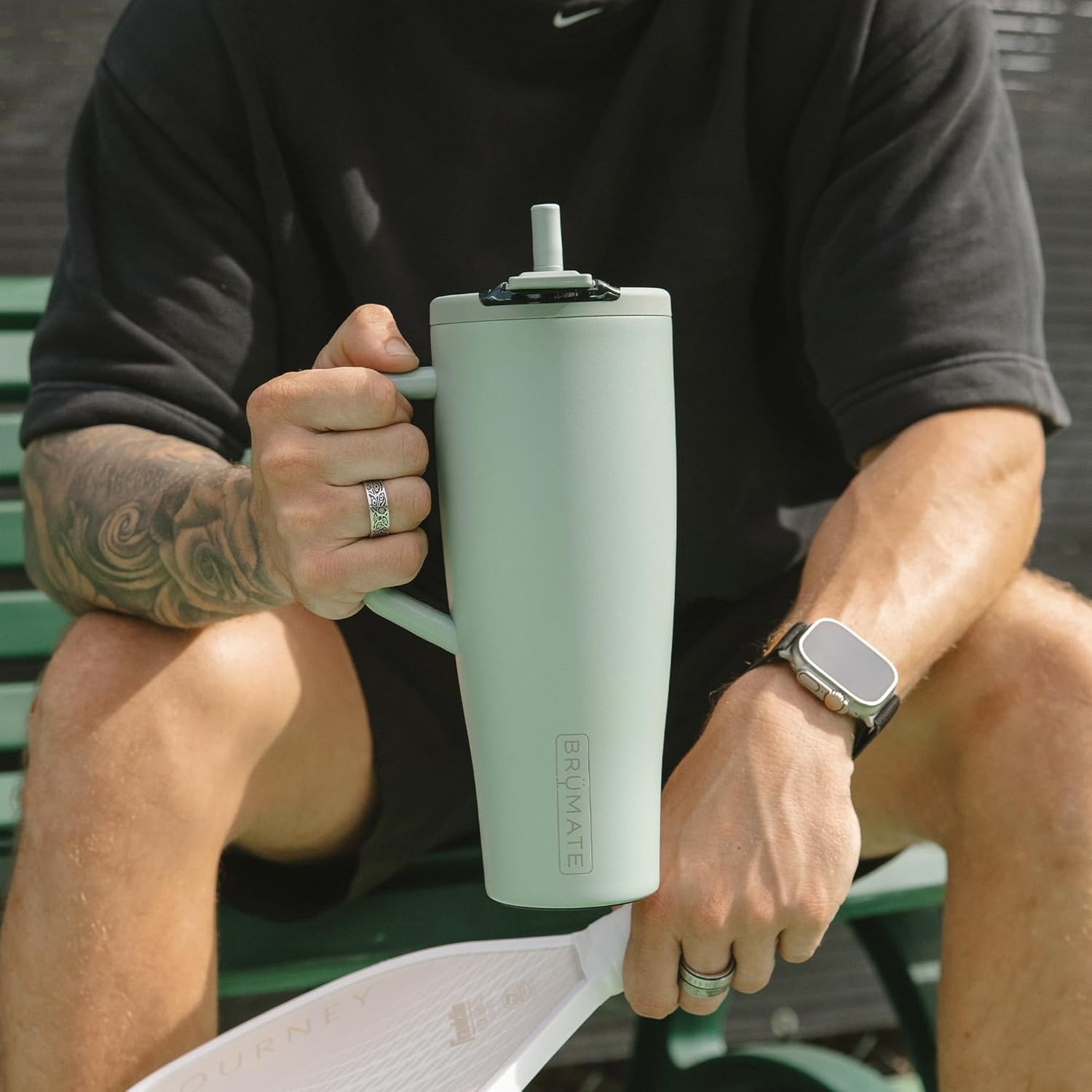 image:imageBrMate Era Flip 40oz Tumbler with 100 Leakproof Covered Straw Lid Hygienic Covered Straw Insulated Stainless Steel Water Bottle with Handle Cup Holder Friendly BPAFree Lilac DuskJava